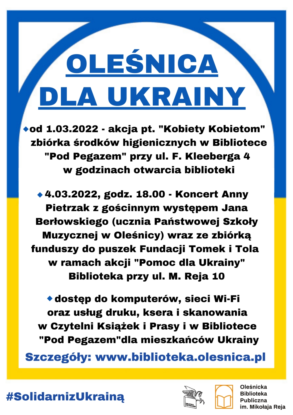 Plakat informujący o działaniach biblioteki w ramach akcji pomocy Ukrainie i jej mieszkańcom